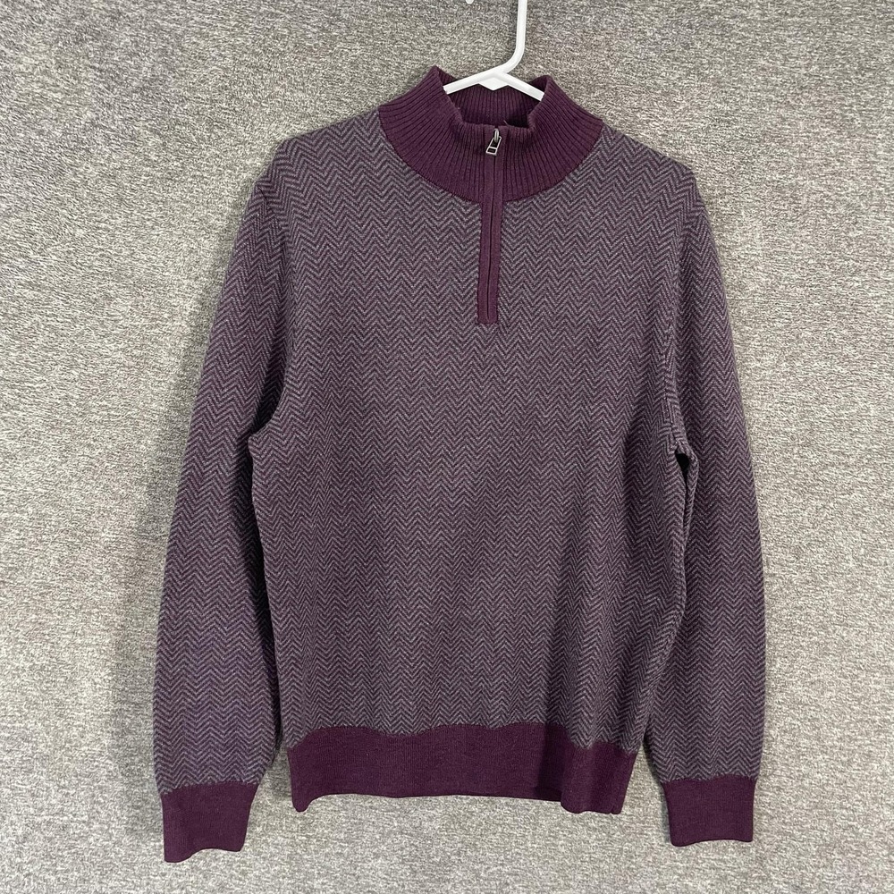 Bonobos Sweater Mens Medium Purple Merino Wool 1/4 Zip Mock Neck Herringbone